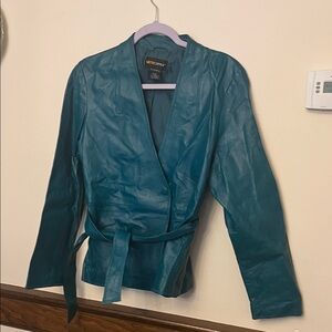 metrostyle teal wrap-front leather jacket with belt